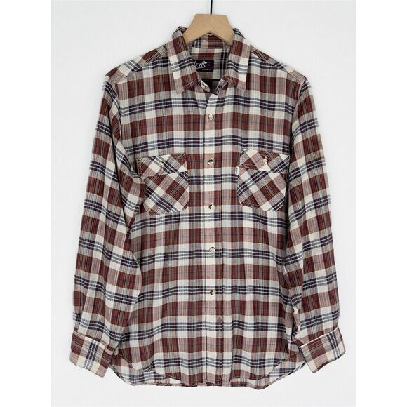 Vtg‎ Levis Shirt Mens Large Brown Blue Plaid Button Up Tapered Fit Retro Western - Picture 1 of 16